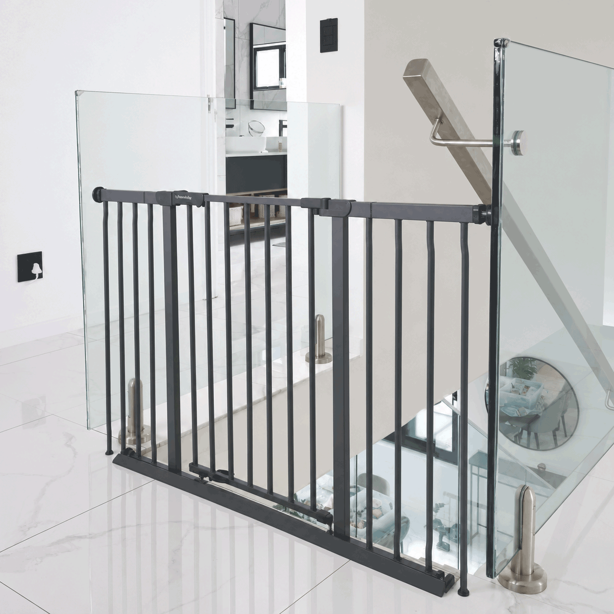 dreambaby-ava-charcoal-gate-mounted-to-glass-G2096 dreambaby-ava-charcoal-gate-mounted-to-glass-G2096