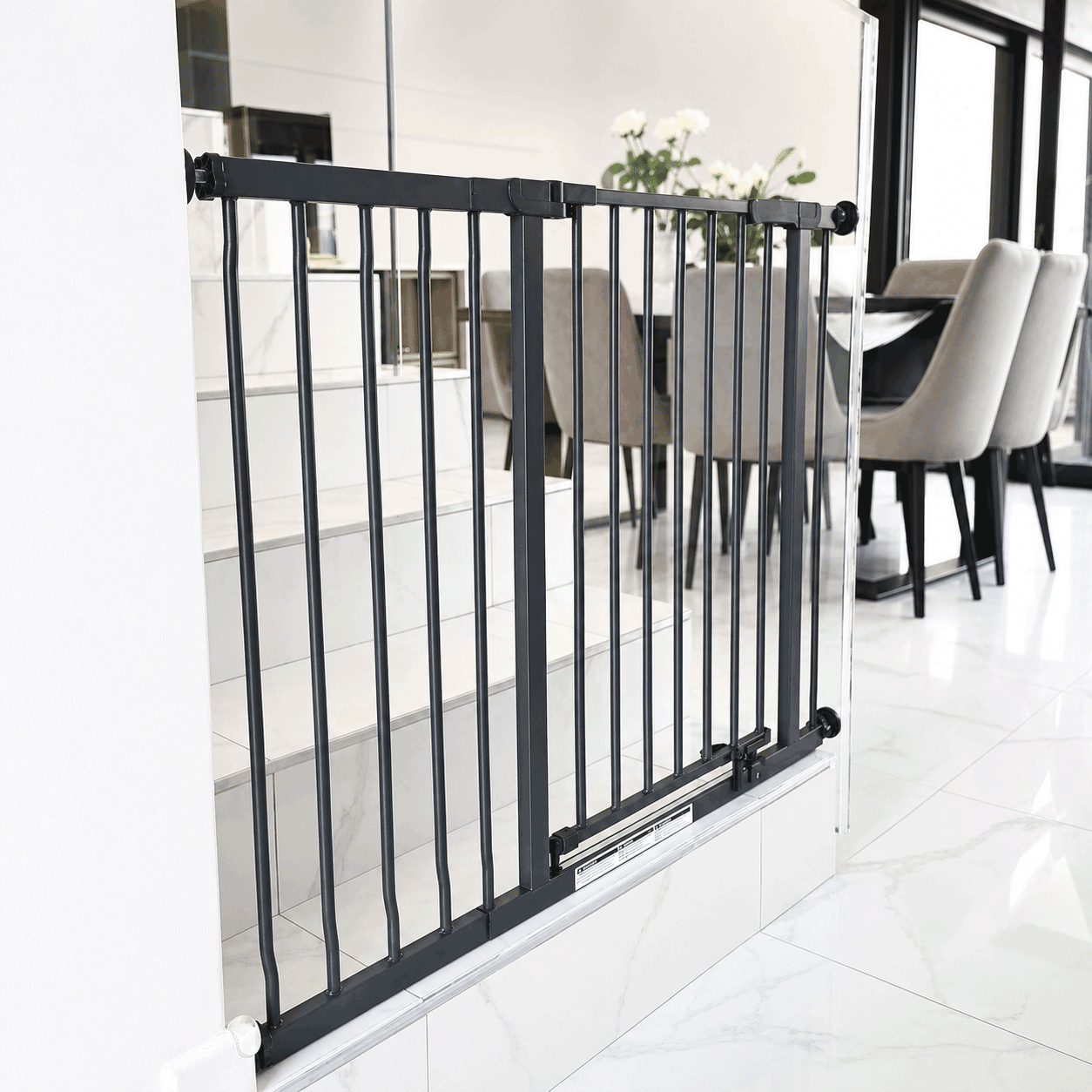 dreambaby-ava-charcoal-gate-mounted-to-glass dreambaby-ava-charcoal-gate-mounted-to-glass